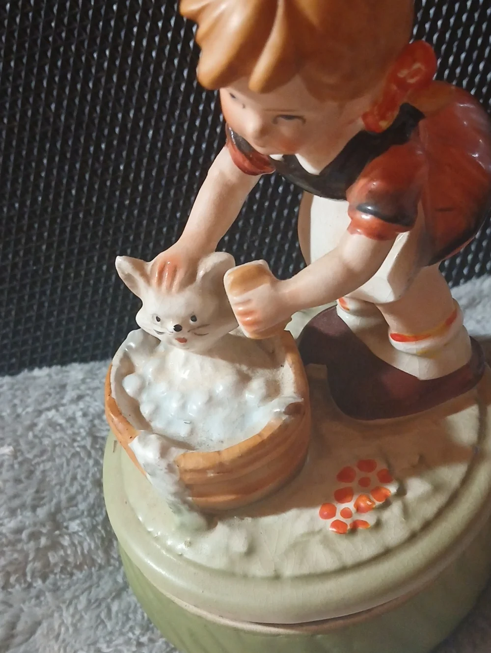 Vintage Girl Washing Kitten Figurine - Cream, Brown, Black